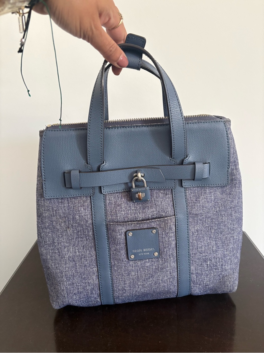 henri bendel Jetsetter New York Dusty Blue Leather-Trim Canvas bag